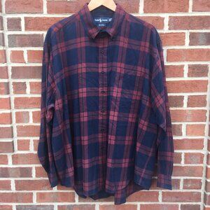 Ralph Lauren Button Down Mens XL Big Shirt Burgundy Navy Tartan Plaid Pony VTG